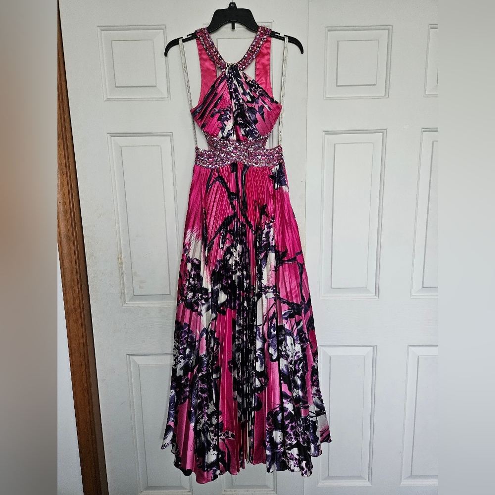 David's Bridal Pink and Black Halter Maxi Dress